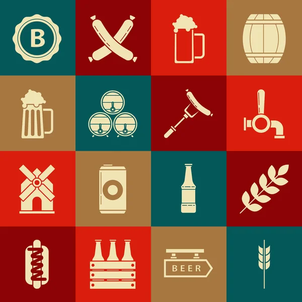 Set Cereals set with rice, wheat, corn, oats, rye, barley, Beer tap, Glass of beer, Wooden barrel on rack stopcock, mug, Bottle cap inscription and Sausage the fork icon. Vector — Vetor de Stock