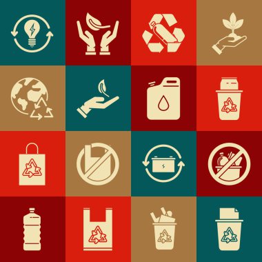 Set Recycle bin with recycle symbol, and can, Recycling plastic bottle, Sprout hand of environmental protection, Planet earth recycling, light bulb lightning and Canister for gasoline icon. Vector