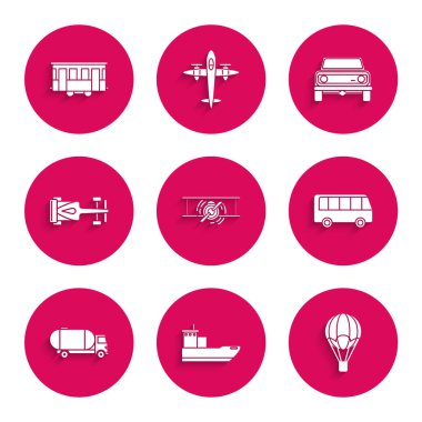 Set Old retro vintage plane, Cargo ship, Hot air balloon, Bus, Tanker truck, Formula race car, Off road and city tram icon. Vector