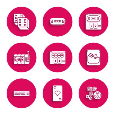 Set Online poker table game, Playing card with heart symbol, Casino chips, dice and glass of whiskey ice cubes, Glass, Deck playing cards, Slot machine, and Game icon. Vector