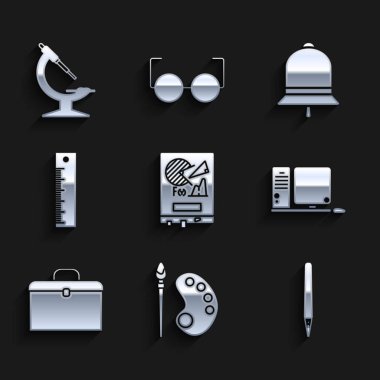 Set Board with graph chart, Paint brush palette, Pen, Computer monitor keyboard and mouse, Briefcase, Ruler, Ringing bell and Microscope icon. Vector