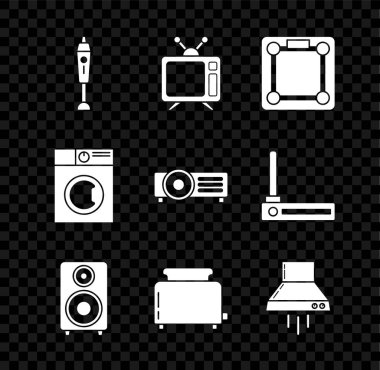 Set Blender, Television, Bathroom scales, Stereo speaker, Toaster with toasts, Kitchen extractor fan, Washer and icon. Vector