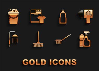 Set Mop, Cleaning service, Plastic bottles for liquid dishwashing liquid, Toilet brush, Shower head with water drops flowing, Bucket foam and bubbles and Washer t-shirt icon. Vector