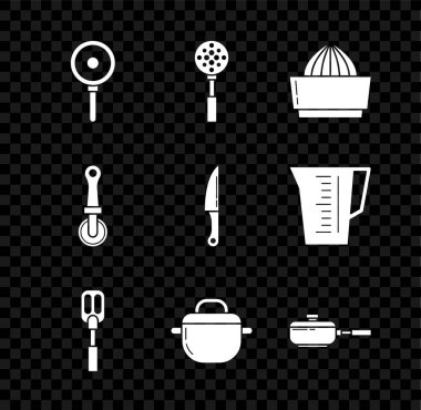 Set Frying pan, Spatula, Citrus fruit juicer, Cooking pot, Pizza knife and Knife icon. Vector