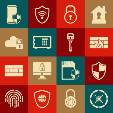 Set Safe, Shield, Firewall, security wall, Lock, Cloud computing lock, Smartphone with shield and Key icon. Vector