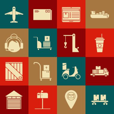 Set Railway carriage, Delivery truck with cardboard boxes, Coffee cup, Laptop app delivery tracking, Electric hand and, Support operator touch, Plane and Harbor crane icon. Vector