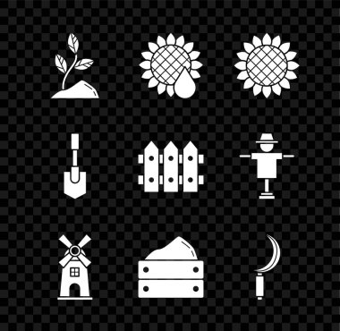 Set Sprout, Sunflower, Windmill, Wooden box with harvest, Sickle, Shovel and Garden fence wooden icon. Vector
