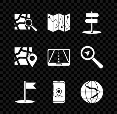 Set Folded map with location marker, Road traffic sign, Flag, Infographic of city navigation, Location the globe, and icon. Vector