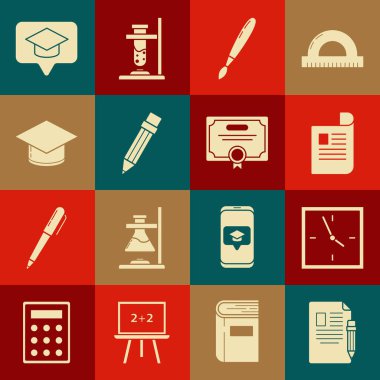Set Exam sheet and pencil with eraser, Clock, Document, Paint brush, Pencil, Graduation cap, speech bubble and Certificate template icon. Vector