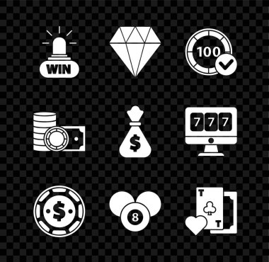 Set Casino win, Diamond, chips, with dollar, Billiard pool snooker 8 ball, Playing card clubs symbol, and stacks money cash and Money bag icon. Vector