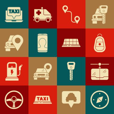 Set Compass, Cable car, Car key with remote, Route location, Taxi call telephone service, Map pointer taxi, Laptop and roof icon. Vector