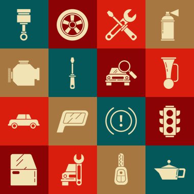 Set Canister for motor machine oil, Traffic light, Signal horn on vehicle, Screwdriver and wrench tools, Check engine, Engine piston and Car search icon. Vector