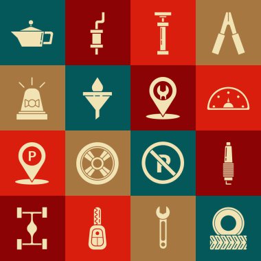 Set Car wheel, spark plug, Speedometer, , Funnel or filter and motor oil drop, Flasher siren, Canister for machine and service icon. Vector