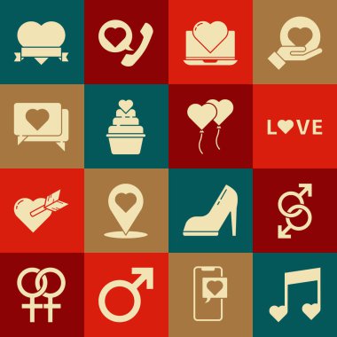 Set Music note, tone with hearts, Male gender symbol, Love text, Laptop, Like and, Heart ribbon and Balloons in form of icon. Vector