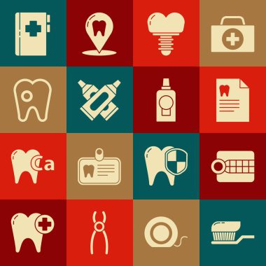 Set Toothbrush with toothpaste, Dentures model, Clipboard dental card, Dental implant, Crossed tube of, caries, and Mouthwash plastic bottle icon. Vector