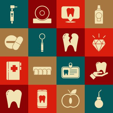 Set Enema pear, Tooth, Diamond teeth, Dental clinic location, inspection mirror, Medicine pill tablet, drill and Broken tooth icon. Vector