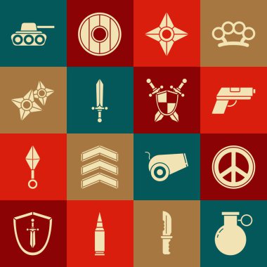 Set Hand grenade, Peace, Pistol or gun, Japanese ninja shuriken, Medieval sword, Military tank and shield with crossed swords icon. Vector
