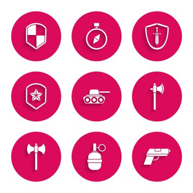 Set Military tank, Hand grenade, Pistol or gun, Medieval axe, Police badge, shield with sword and Shield icon. Vector