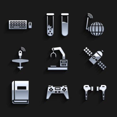 Set Robotic robot arm hand factory, Gamepad, Air headphones, Satellite, User manual, UAV Drone, Social network and Keyboard mouse icon. Vector