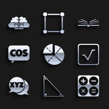 Set Graph, schedule, chart, diagram, Triangle math, Calculator, Square root, XYZ Coordinate system, Mathematics function cosine, Open book and Human brain icon. Vector