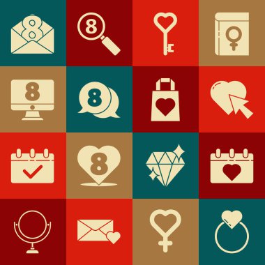 Set Wedding rings, Calendar with 8 March, Heart and cursor click, Key heart shape, speech bubble, on monitore, Envelope and Shopping bag icon. Vector