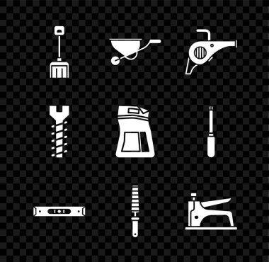 Set Snow shovel, Wheelbarrow, Leaf garden blower, Construction bubble level, Chisel tool for wood, stapler, Metallic screw and Cement bag icon. Vector