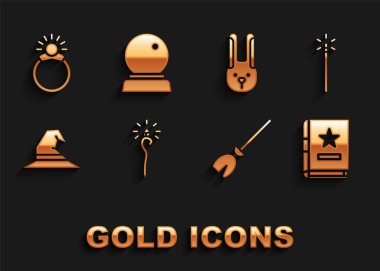 Set Magic staff, wand, Ancient magic book, Witches broom, hat, Rabbit with ears, stone ring gem and ball icon. Vector