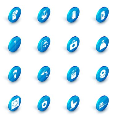 Set Perfume, Rubber gloves, Sanitary napkin, Toothbrush, Shaving, Shower head, Garbage bag and First aid kit icon. Vector