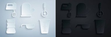 Set Frying pan, Pizza knife, Coffee turk, Measuring cup, Oven glove and Electric mixer icon. Vector