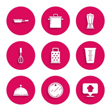 Set Grater, Cutting board, Chef hat with location, Measuring cup, Covered tray of food, Kitchen whisk, Blender and Frying pan icon. Vector