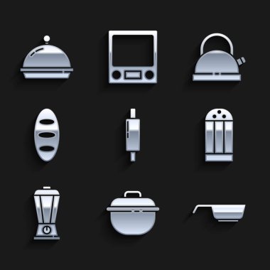 Set Rolling pin, Cooking pot, Frying pan, Salt, Blender, Bread loaf, Kettle with handle and Covered tray of food icon. Vector