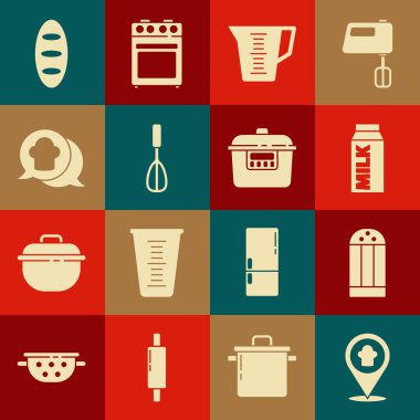 Set Chef hat with location, Salt, Paper package for milk, Measuring cup, Kitchen whisk, speech bubble, Bread loaf and Slow cooker icon. Vector