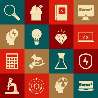 Set Equation solution, Secure shield with lightning, Square root of x glyph, Electrical panel, Light bulb concept idea, Head and electric symbol, Magnifying glass and Diamond icon. Vector