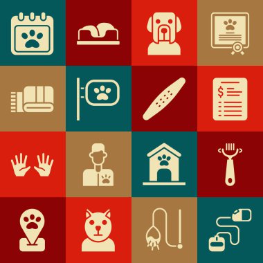 Set Retractable cord leash, Hair brush for dog and cat, Grooming salon price list, Dog, Pet grooming, Towel stack, Calendar and Nail file pet icon. Vector