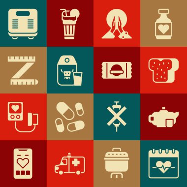 Set Heart rate, Teapot with cup, Bread toast, Meditation, Paper package for milk, Tape measure, Bathroom scales and Sports nutrition icon. Vector