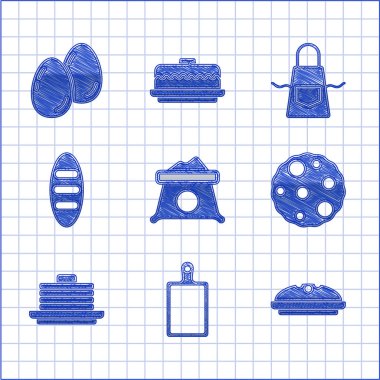 Set Bag of flour, Cutting board, Homemade pie, Cookie or biscuit, Stack pancakes, Bread loaf, Kitchen apron and Easter eggs icon. Vector