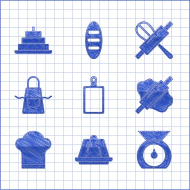 Set Cutting board, Pudding custard, Scales, Rolling pin on dough, Chef hat, Kitchen apron, whisk and rolling and Cake with burning candles icon. Vector