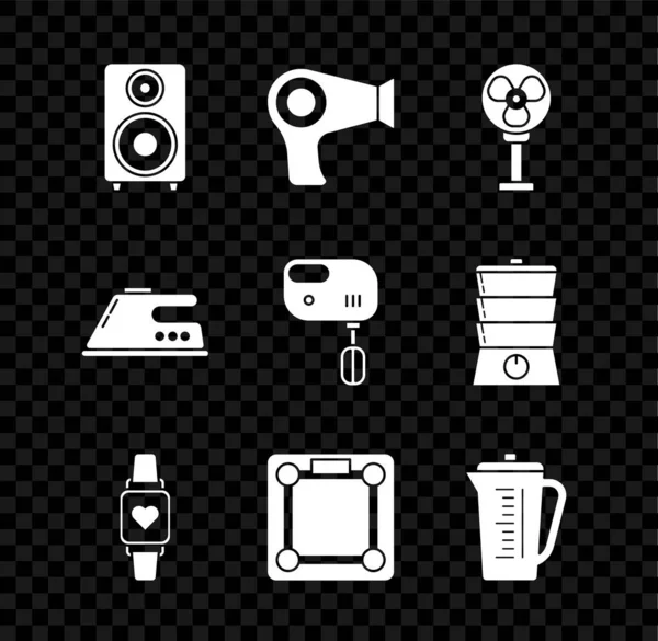 Set Stereo speaker, Hair dryer, Electric fan, Smart watch showing heart beat rate, Bathroom scales, Measuring cup, iron and mixer icon. Vector - Stok Vektor