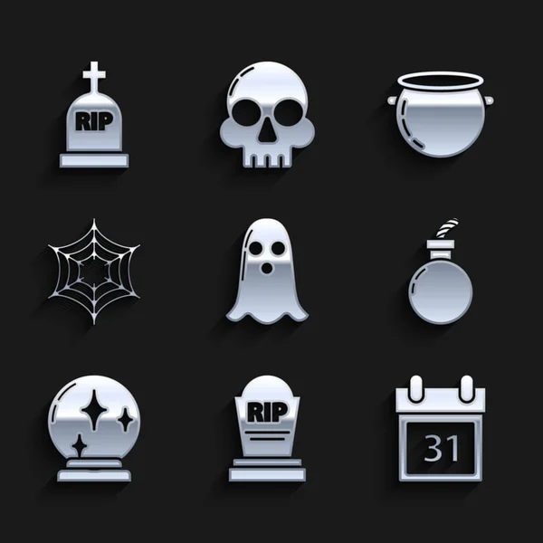 Set Ghost, Tombstone with RIP, Calendar Halloween date 31 october, Bomb ready explode, Magic ball, Spider web, witch cauldron and icon. Vector — Wektor stockowy