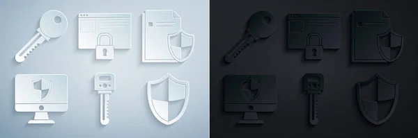 キー、文書保護コンセプト、コンピュータモニタとシールド、シールドを設定し、 HTTPS 、 SSL 、アイコンでサイトを保護します。ベクトル — ストックベクタ