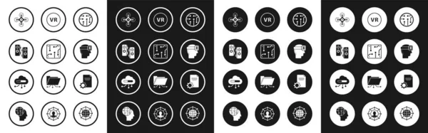 Set Processor, Gamepad, Drone, Virtual reality glasses, File document and Internet of things icon. Vector — Vettoriale Stock