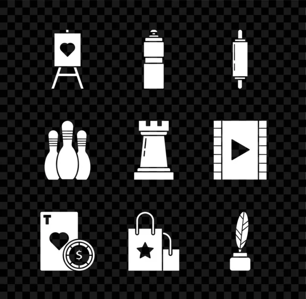 Set Wood easel or painting art boards, Fitness shaker, Rolling pin, Casino chip and playing cards, Paper shopping bag, Feather inkwell, Bowling and Chess symbol icon. Vector — стоковый вектор