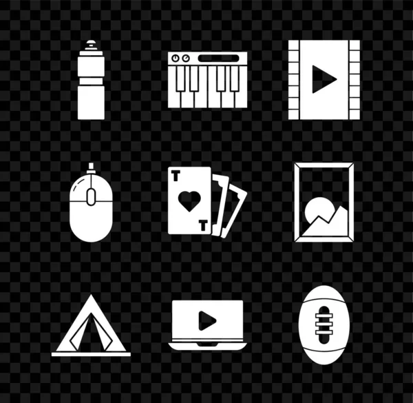 Set Fitness shaker, Music synthesizer, Play Video, Tourist tent, Online play video, American Football ball, Computer mouse and Playing card with heart symbol icon. Vector — 스톡 벡터