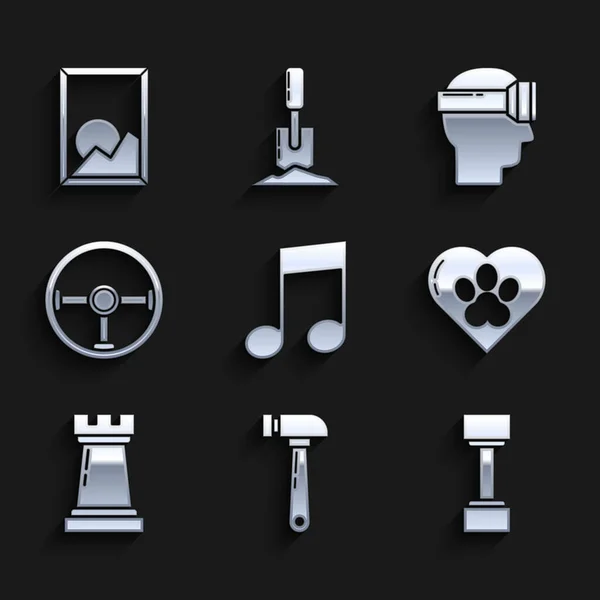 Set Music note, tone, Hammer, Dumbbell, Heart with animals footprint, Chess symbol, Steering wheel, Virtual reality glasses and Picture landscape icon. Vector —  Vetores de Stock