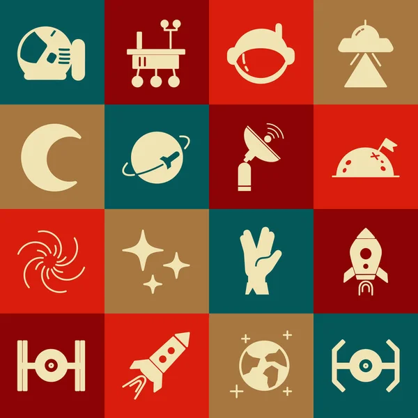 Set Cosmic ship, Rocket with fire, Planet flag, Astronaut helmet, Moon and stars, and Radar icon. Vector — Stock vektor