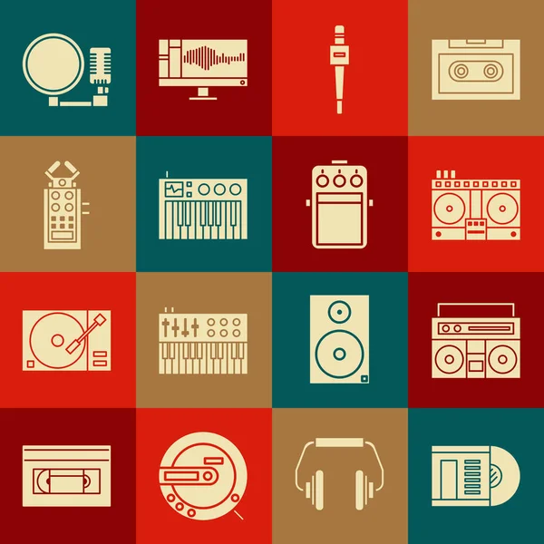 Set Vinyl disk, Home stereo with two speakers, DJ remote for playing and mixing music, Microphone, Music synthesizer, and Guitar pedal icon. Vector —  Vetores de Stock