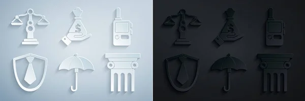 Set Umbrella, Walkie talkie, Tie, Law pillar, Hand holding money bag and Scales of justice icon. Vector — стоковый вектор