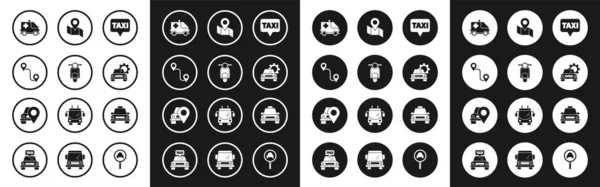 Set Map pointer with taxi, Scooter, Route location, Ambulance and emergency car, Car service, Folded map marker, Taxi and icon. Vector — Stockvektor