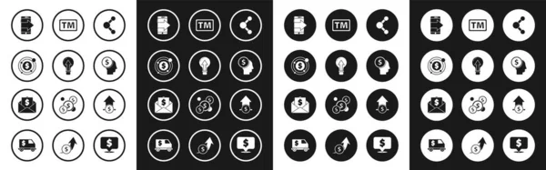 Set Share, Light bulb, Target with dollar symbol, Smartphone, mobile phone, Business man planning mind, Trademark, Financial growth and coin and Envelope icon. Vector — стоковый вектор