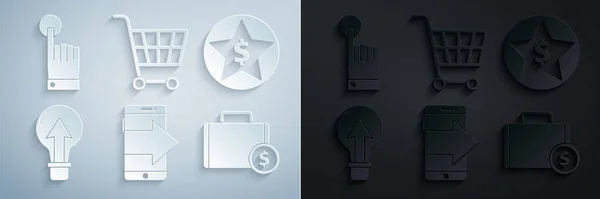 Set Smartphone, mobile phone, Star and dollar, Light bulb, Briefcase money, Shopping cart and Hand touch tap gesture icon. Vector — Stockvektor